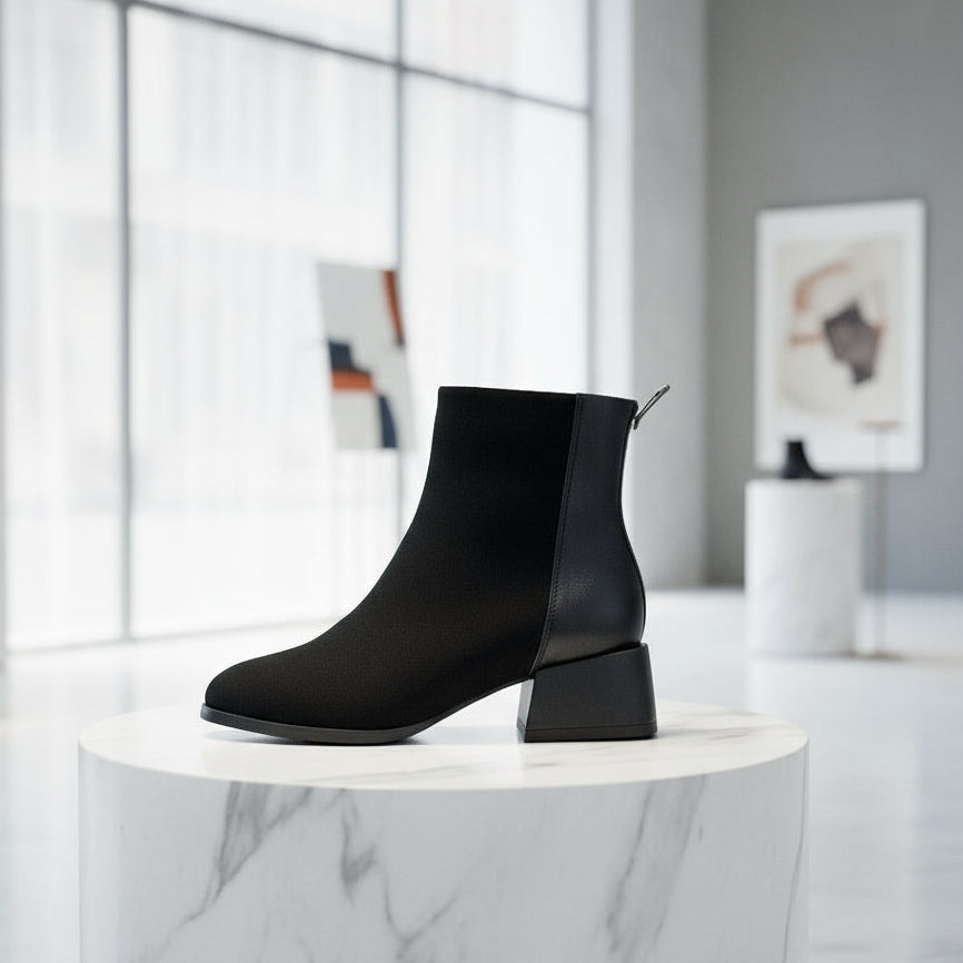 Black ankle boot on a white marble pedestal with a modern interior background