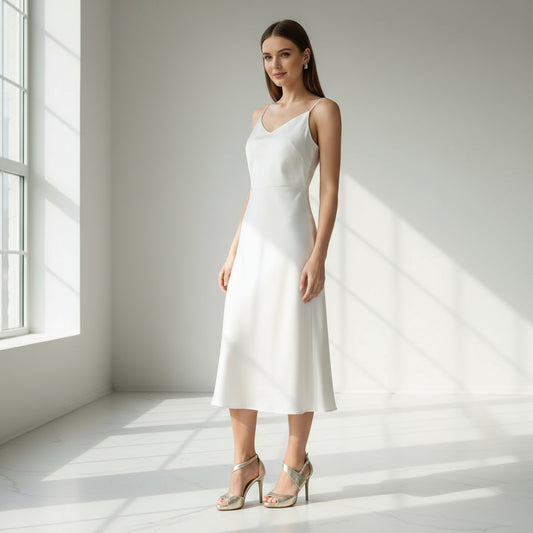 a woman standing on a marble floor wearing gold leather heels