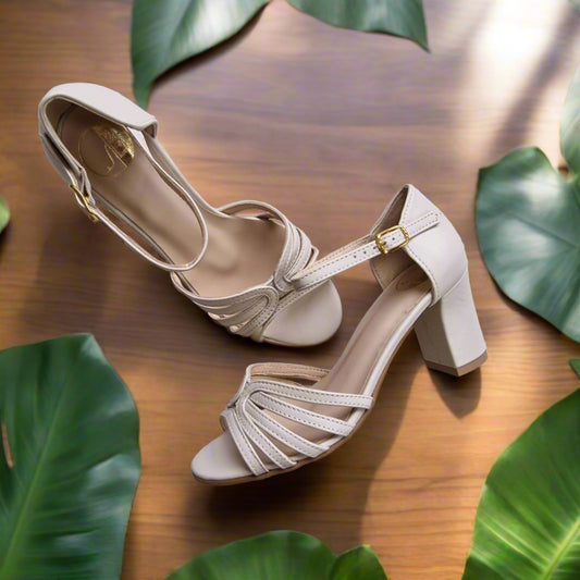 Block heel able strap sandals in nude leather