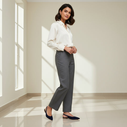 Side view of ALICE navy suede slingbacks worn with pointed toe and slingback strap on marble floor