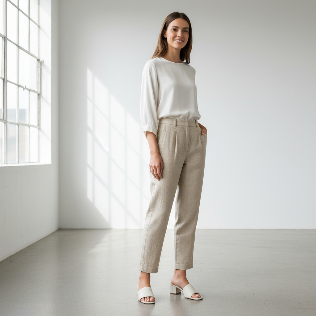 Woman wearing a white top and beige pants standing in a bright room with large windows.