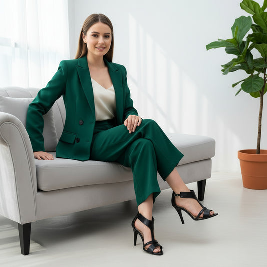 Woman in a green suit sitting on a white couch with a plant in the background