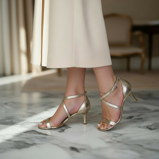 Gold high-heeled sandals worn with a beige skirt on a marble floor.