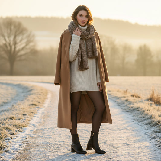 Winter setting, model wearing white jumper dress, big scarf and a camel coat with black ankle boots.