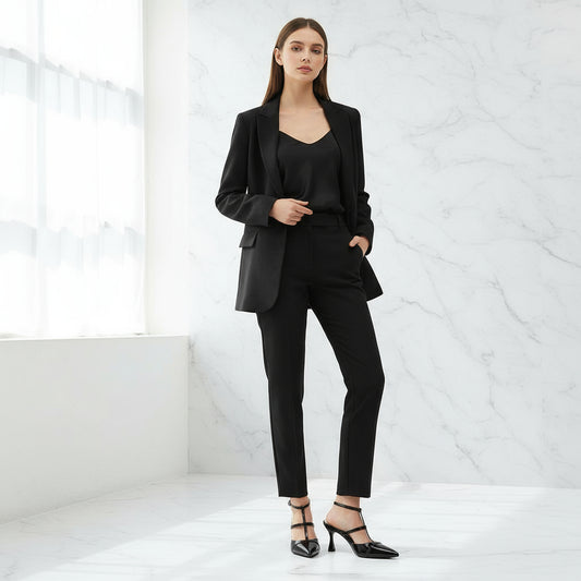 Model wearing all black tailored outfit and t strap patent leather kitten heels.