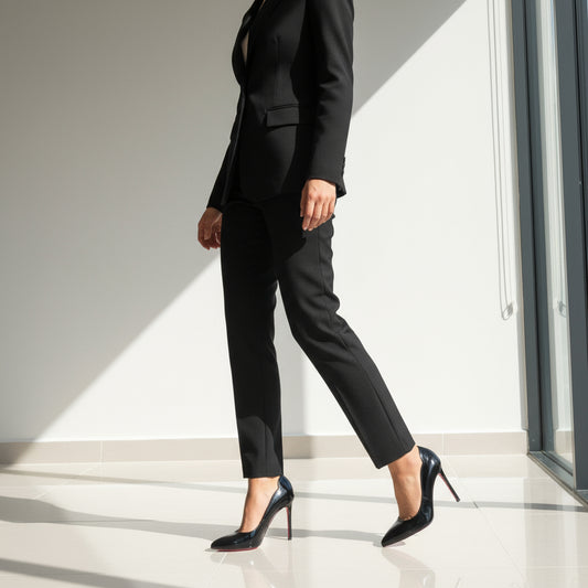 VOID black patent pumps with tailored suit, cut-out ankle and red sole detail.