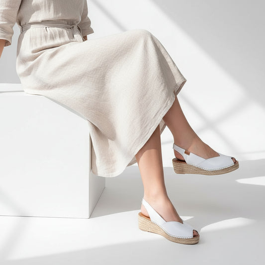 LEILA white leather espadrille wedges shown on small feet, demonstrating perfect fit for petite sizes with 5cm heel height