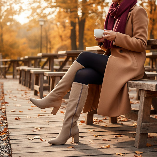 Model wearing WINTER beige suede petite knee boots with 6cm heel.