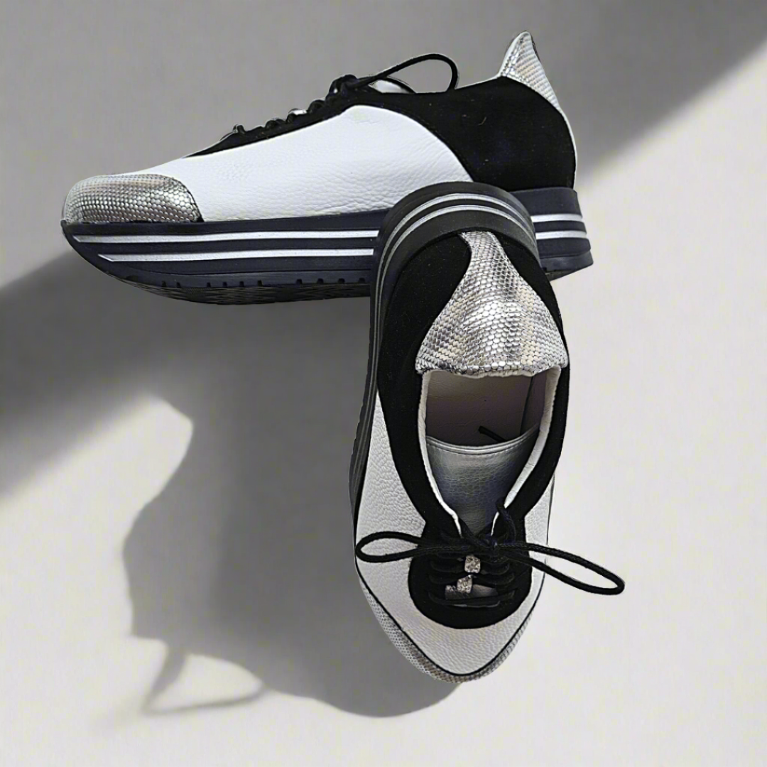 Black, silver and white leather sneaker shoes