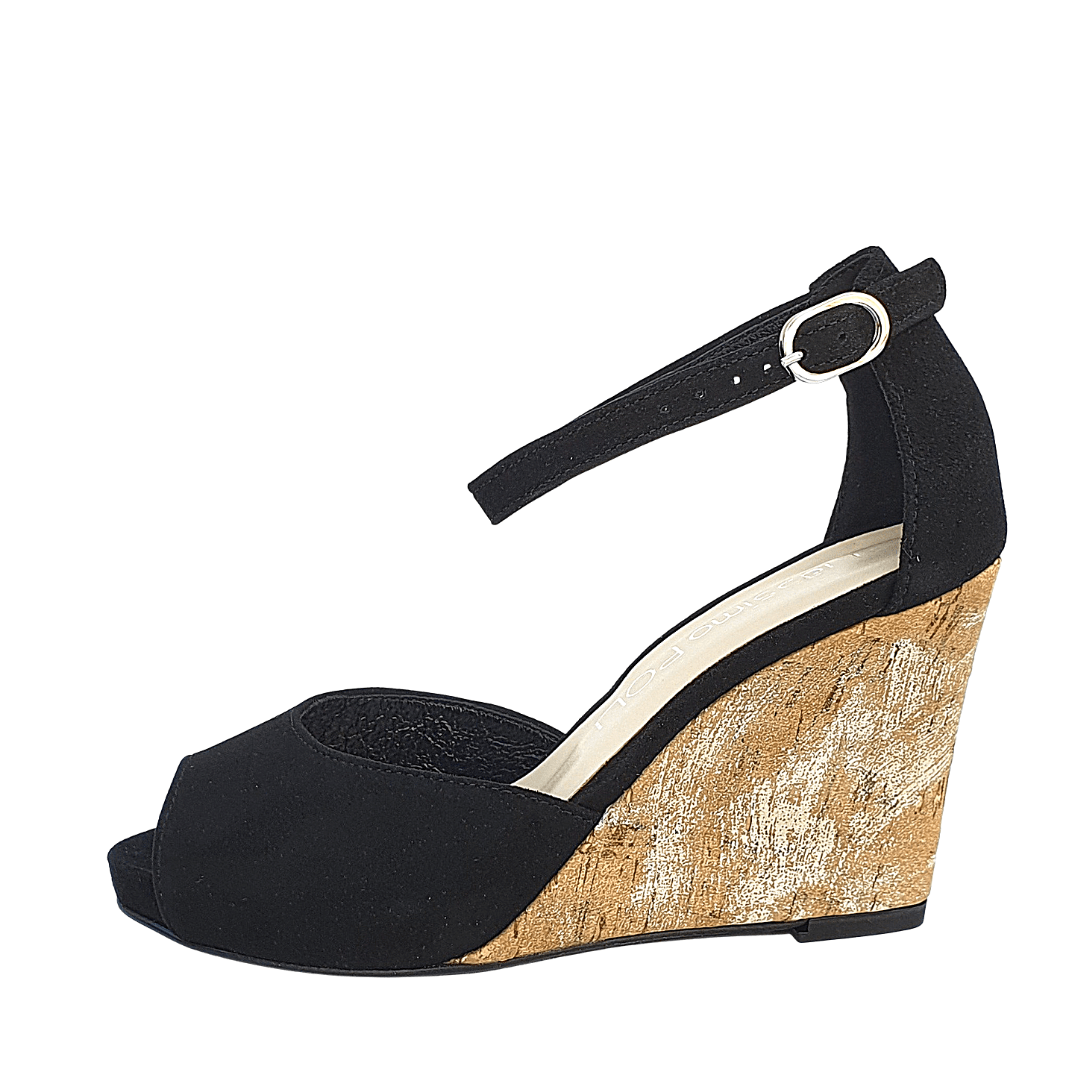 Ankle strap wedge sandal in black suede leather