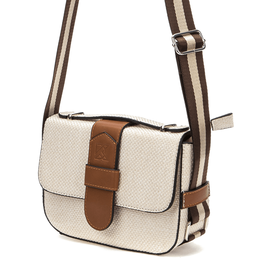 Canvas shoulder bag in cream and brown.