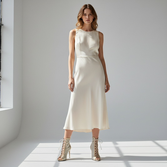 Model wearing VENUS gold perforated lace-up boots with midi dress; 10cm stiletto, petite fit.