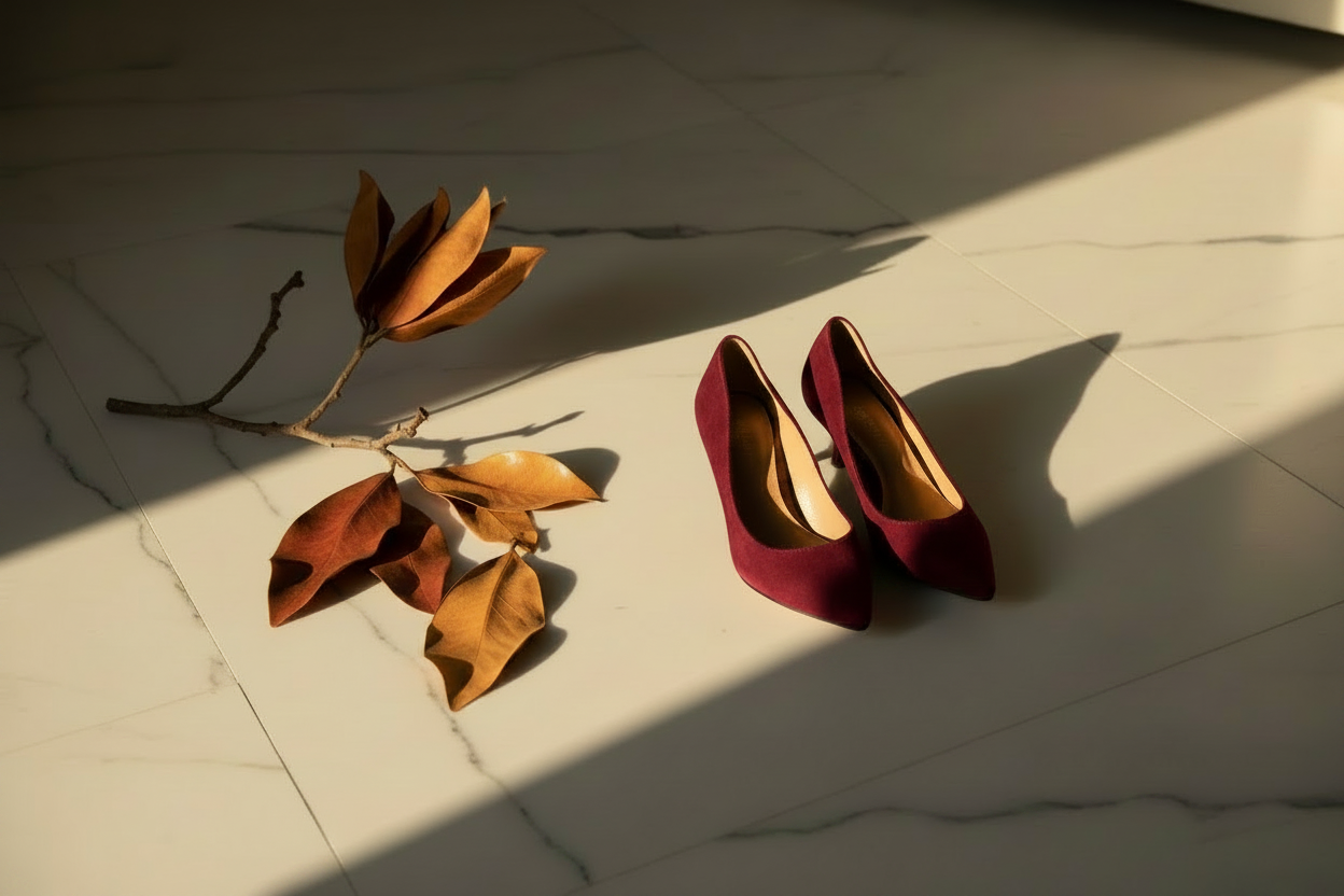 Editorial photograph of deep burgundy suede kitten heel shoes on white marble, with dried amber leaves, for Piccola Shoes Autumn/Winter 2026 petite shoe trends.