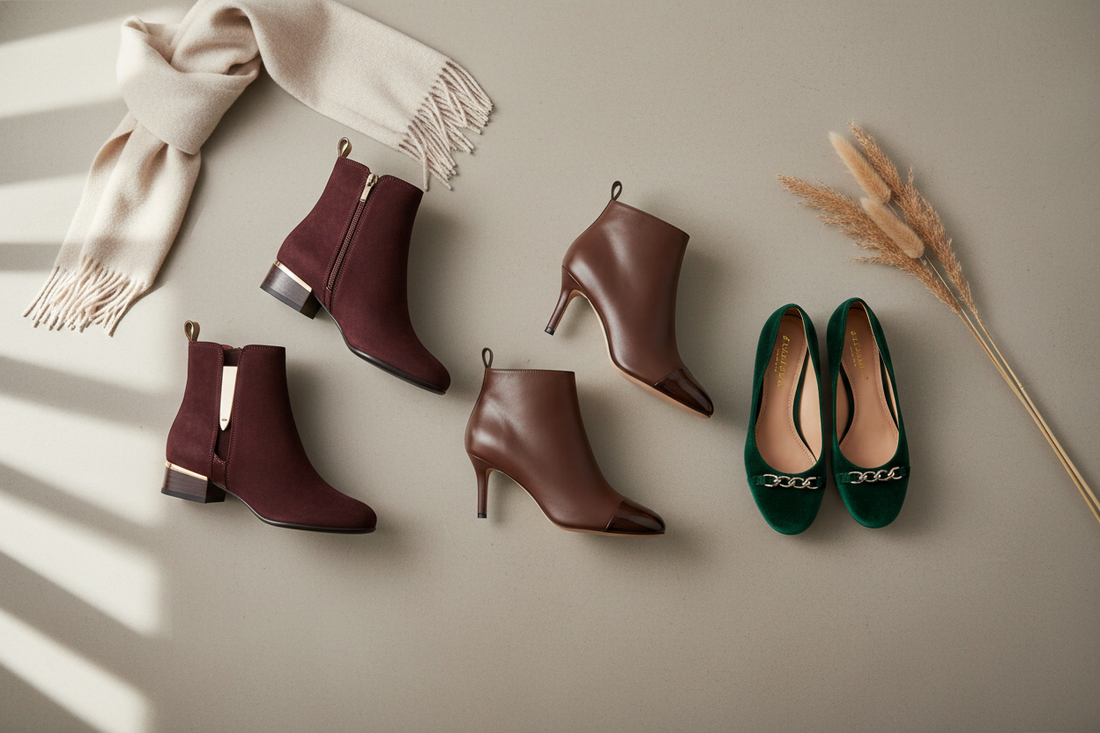 Professional photo showing a collection of  brown boots and some flat ballet pumps with autumn accents.
