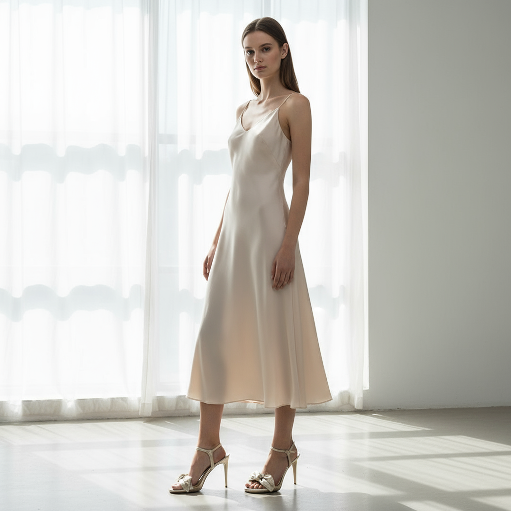 A lady wearing grey skirt and black patent leather heels with red sole