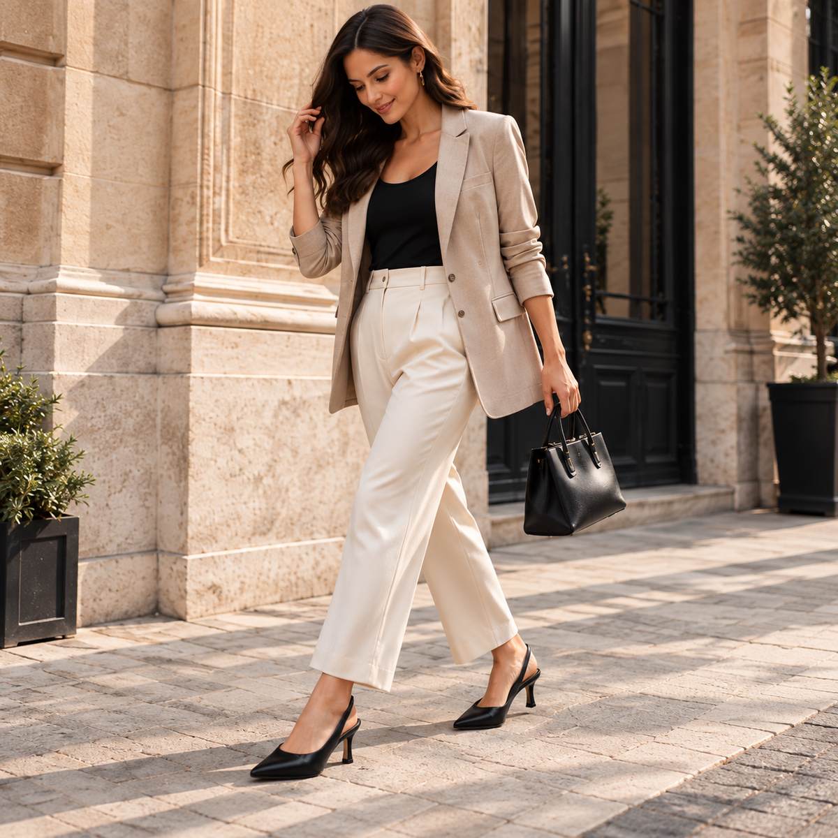 A woman walking outdoors on a stone sidewalk in front of a building, wearing a beige blazer, cream-colored wide-leg trousers, a black top, black pointed-toe heels, and carrying a black handbag.