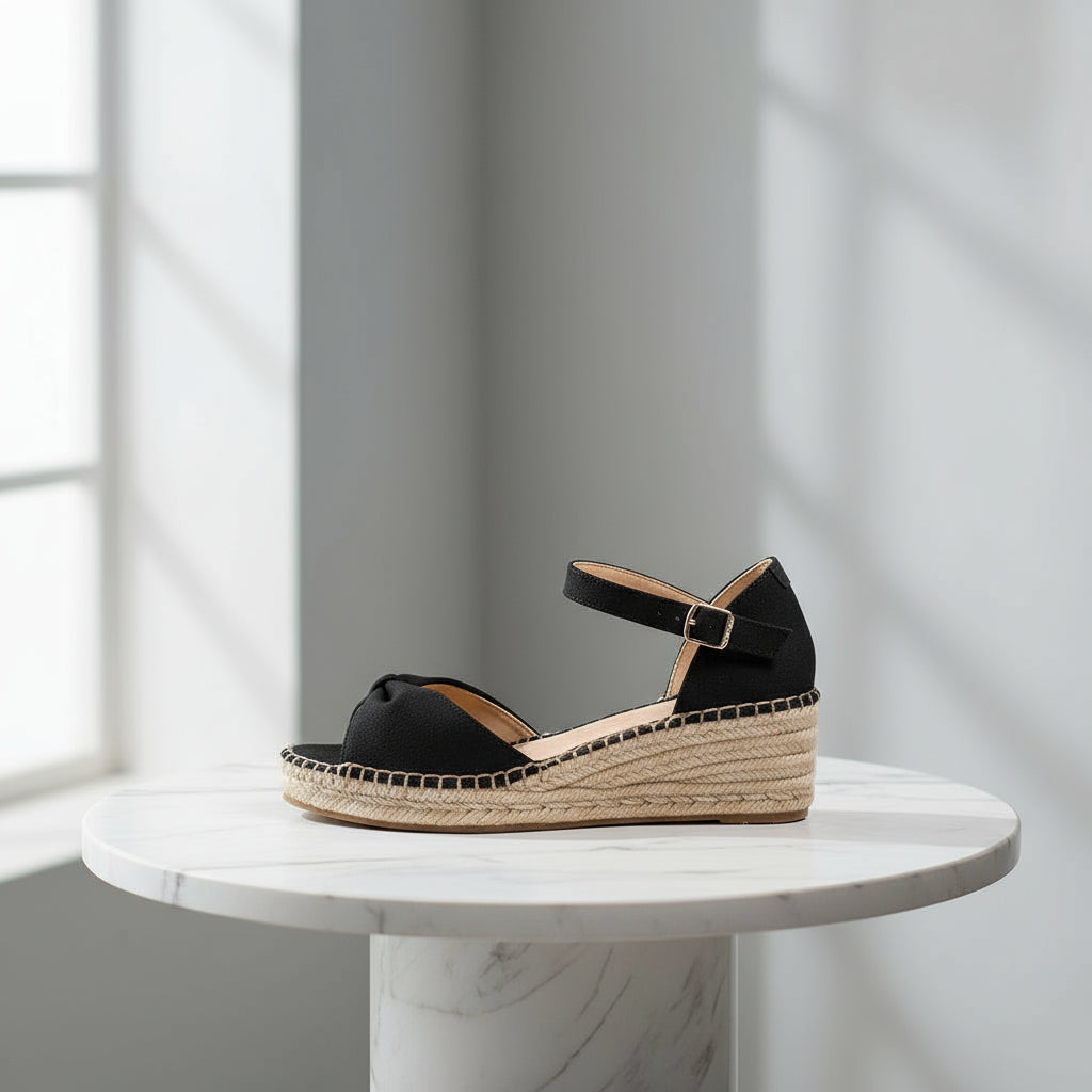 Black wedge sandal with espadrille sole on a marble pedestal against a neutral background