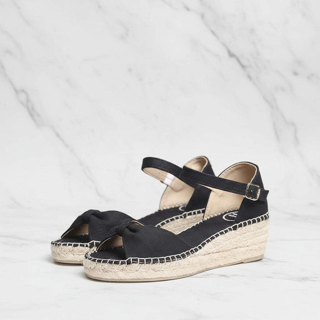 AZURA black fabric espadrille with 5cm jute wedge and ankle strap for petite feet.