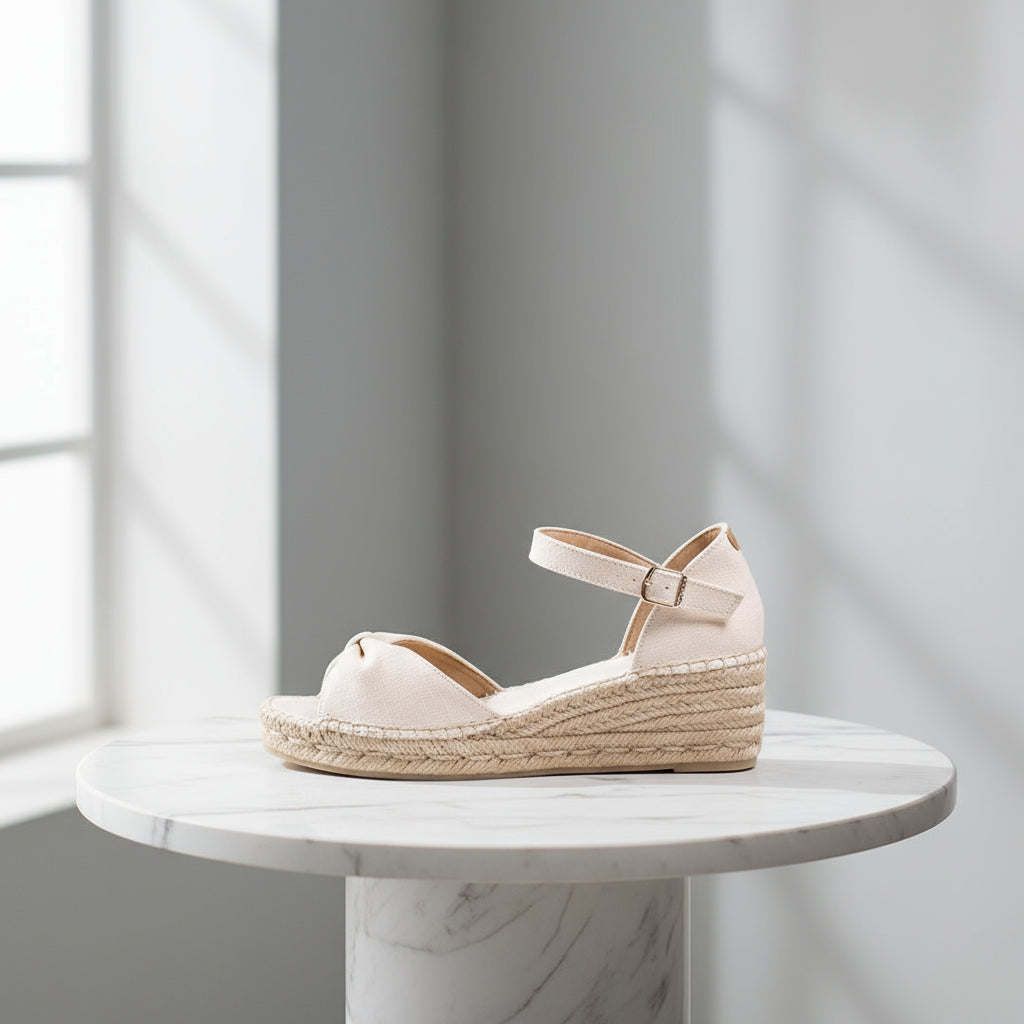 AZURA cream espadrille wedges with ankle strap and crossover front for petite feet.