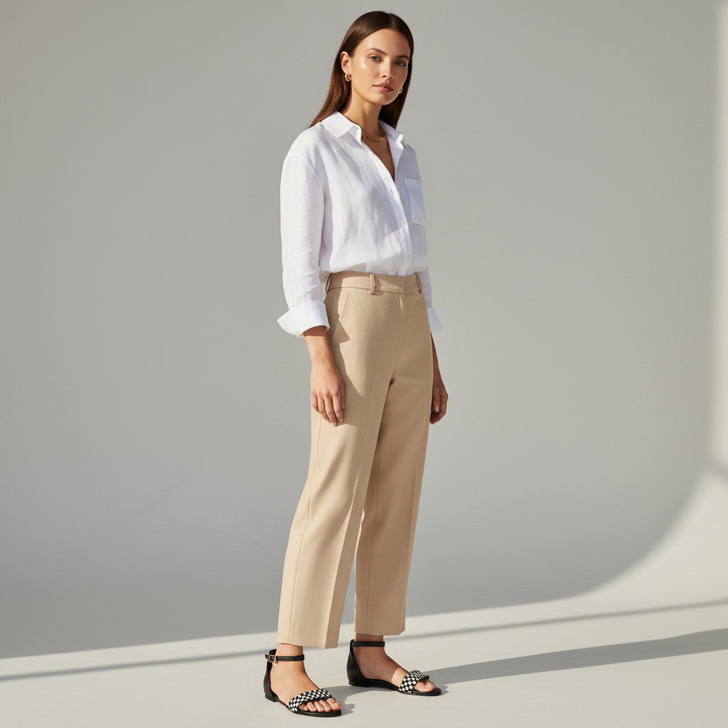 Woman wearing a white shirt and beige pants against a gray background