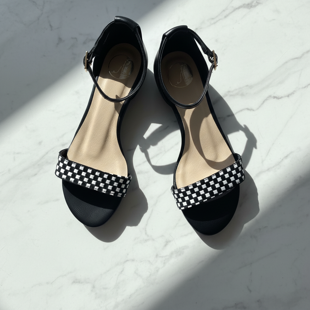 Black sandals with checkered straps on a light gray background