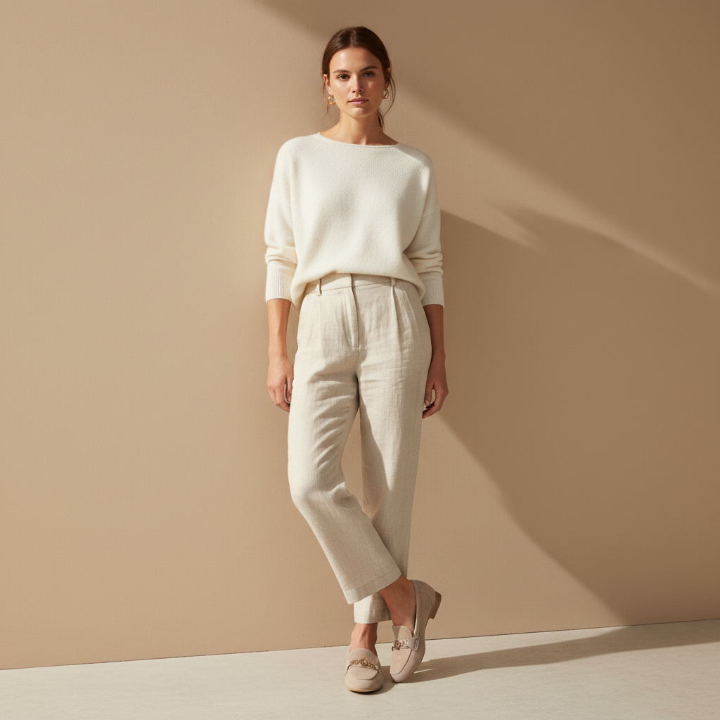 Woman wearing a white sweater and beige pants against a beige wall.