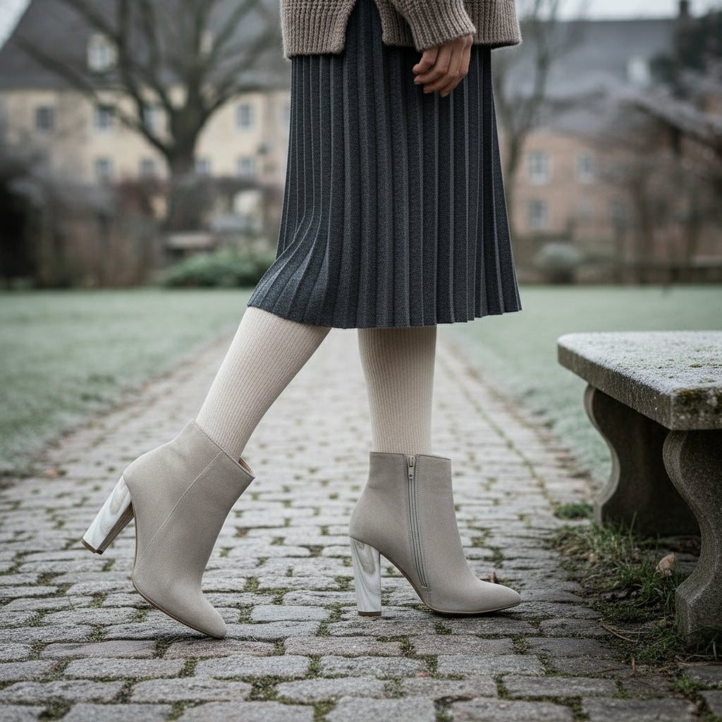 Pair of beige suede ankle boots worn with opaque tights and a grey skirt outdoors.