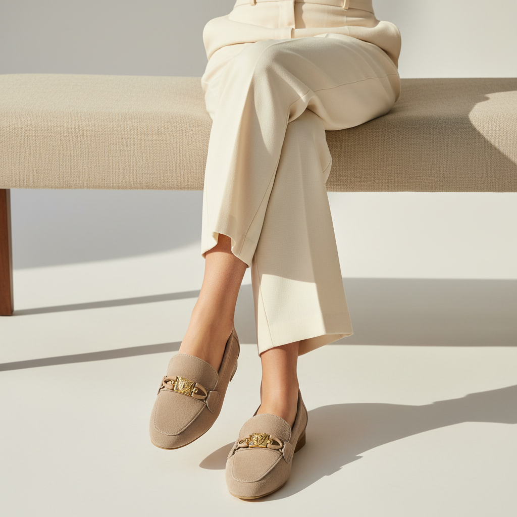 Person wearing beige loafers with gold accents sitting on a bench.
