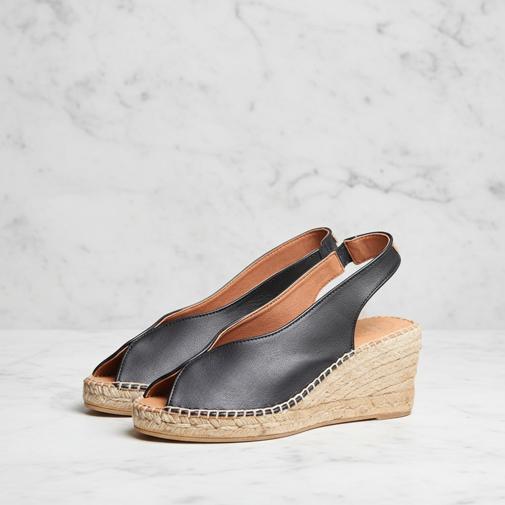 ARIES black leather espadrille wedges with handcrafted jute sole for petite sizes.
