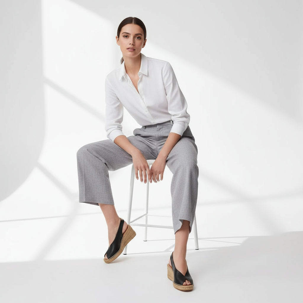 ARIES black leather espadrille wedges with elastic strap and natural jute sole.