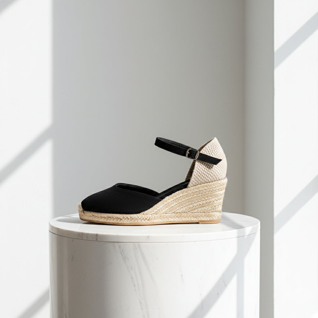 Black suede MARIGOLD espadrille with natural jute wedge and adjustable ankle strap designed for petite feet.