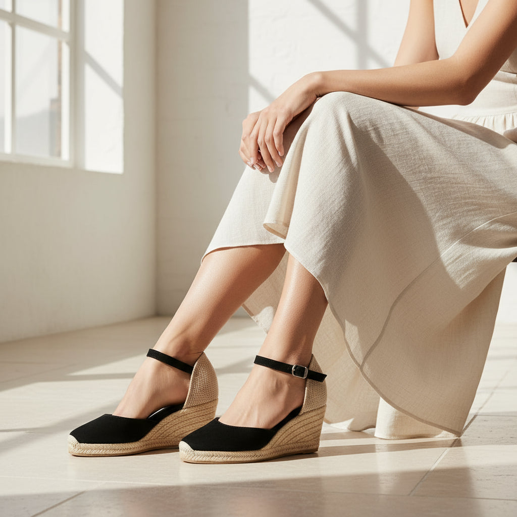 Pair of black suede MARIGOLD espadrilles with jute wedge heel and buckle fastening for smaller feet.