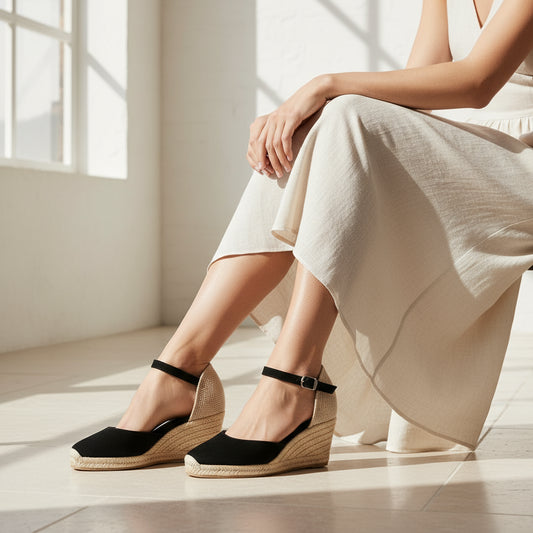 Pair of black suede MARIGOLD espadrilles with jute wedge heel and buckle fastening for smaller feet.