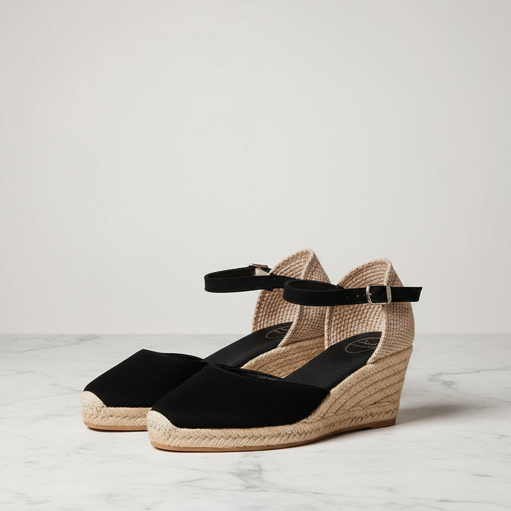 Black wedge sandals with jute sole on a light gray background