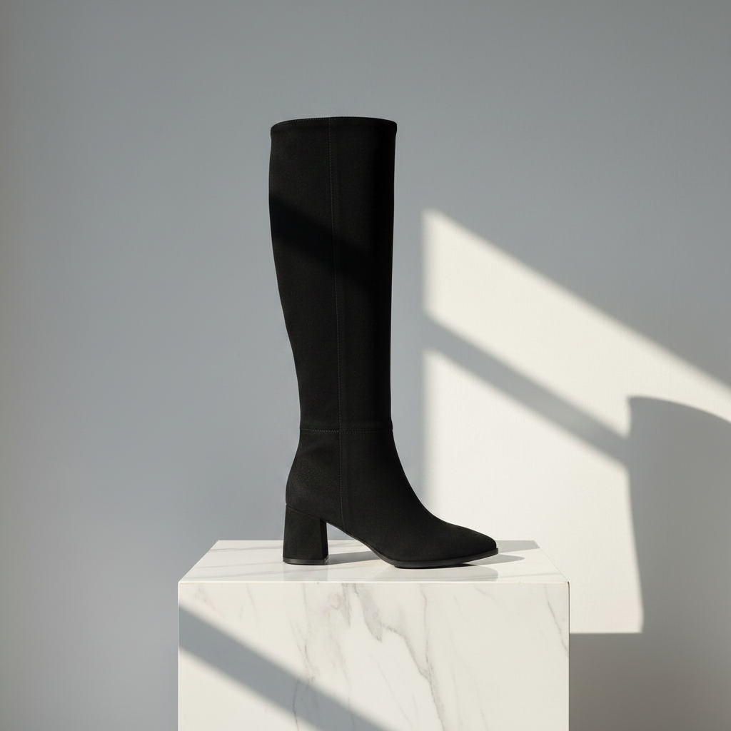 A single black knee-high boot with a block heel and pointed toe, standing on a white marble pedestal against a gray wall with dramatic diagonal sunlight and shadows.