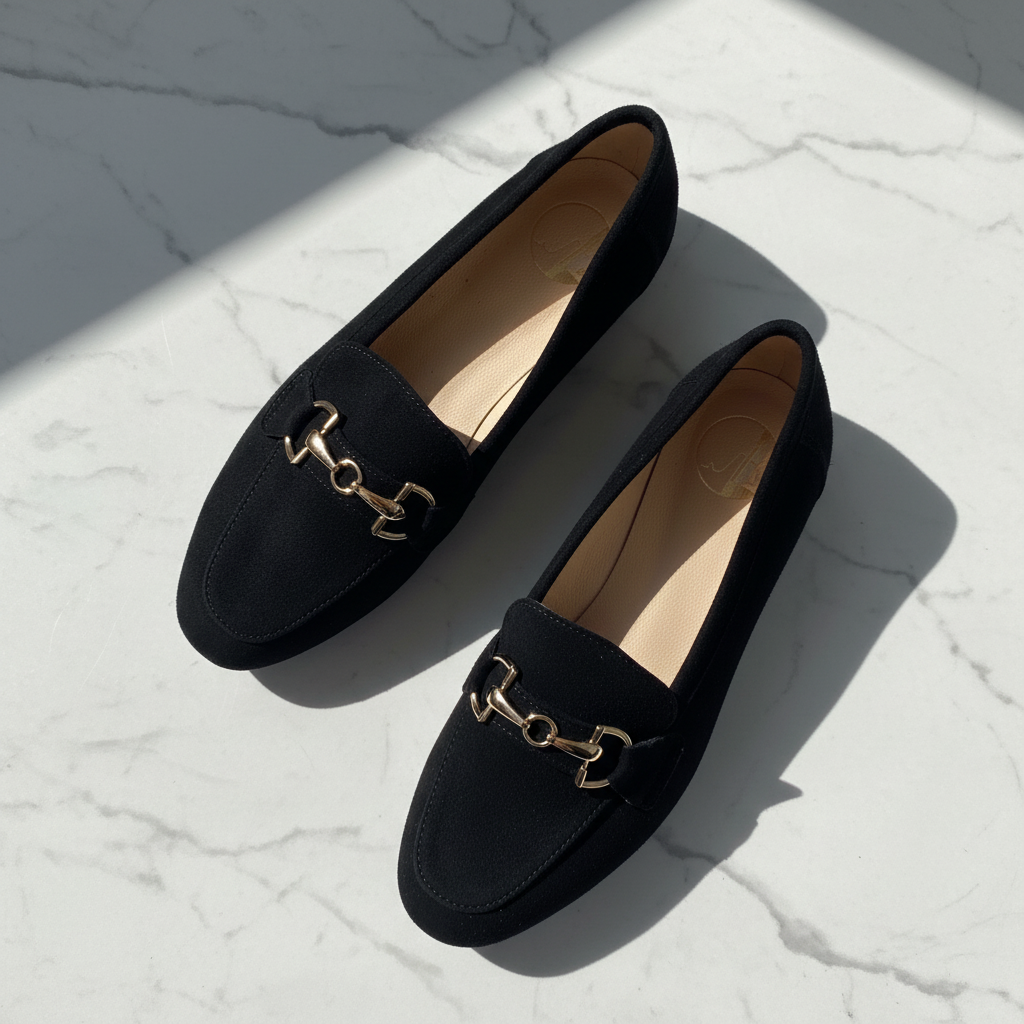 Pair of black loafers with gold buckles on a light gray surface