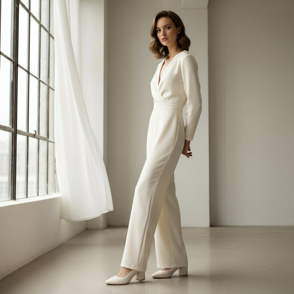 Woman in a white jumpsuit standing in a room with large windows and light-colored walls.