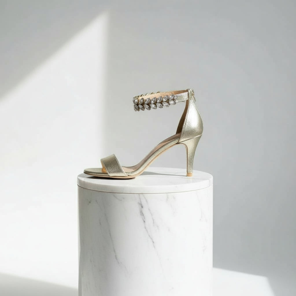 Gold high-heeled sandal with embellishments on a white marble pedestal against a light gray background