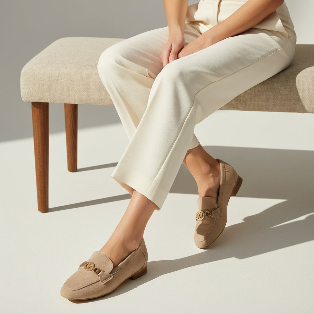 Person wearing beige loafers and white pants sitting on a bench.