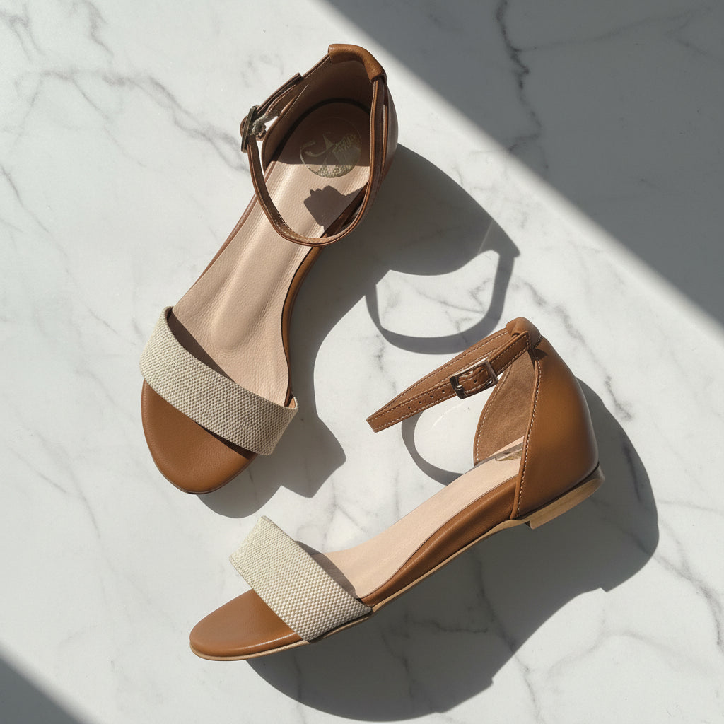 Pair of brown sandals with decorative straps on a white platform