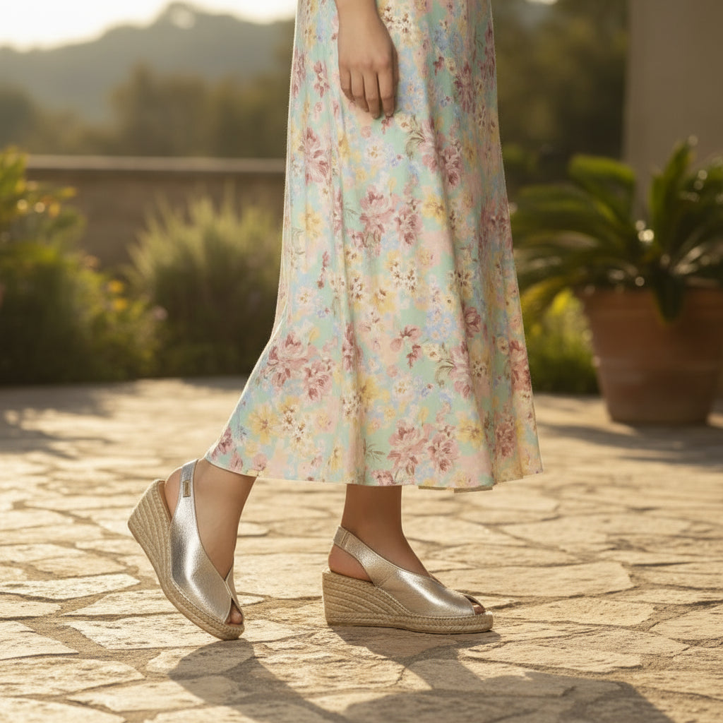 ARIES silver leather espadrille wedges with jute sole and elastic back strap