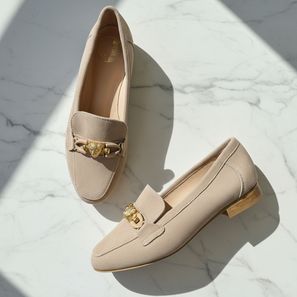 Pair of beige loafers with gold accents on a marble surface