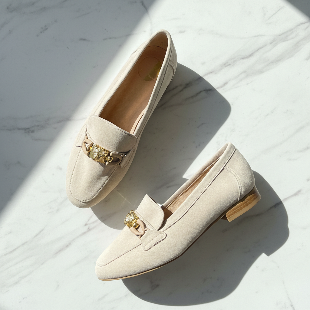 Pair of cream loafers with gold accents on a marble surface