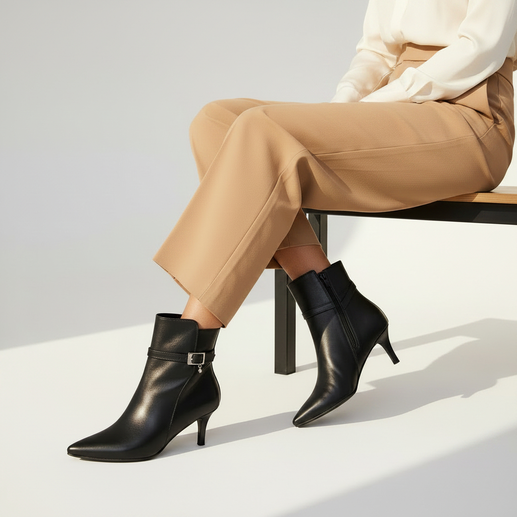 A person seated on a bench wearing black pointed-toe ankle boots with kitten heels and a small side buckle, paired with tan pants and a white blouse in a bright studio setting.