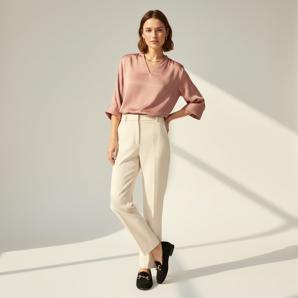 Woman wearing a pink blouse and beige pants on a light background