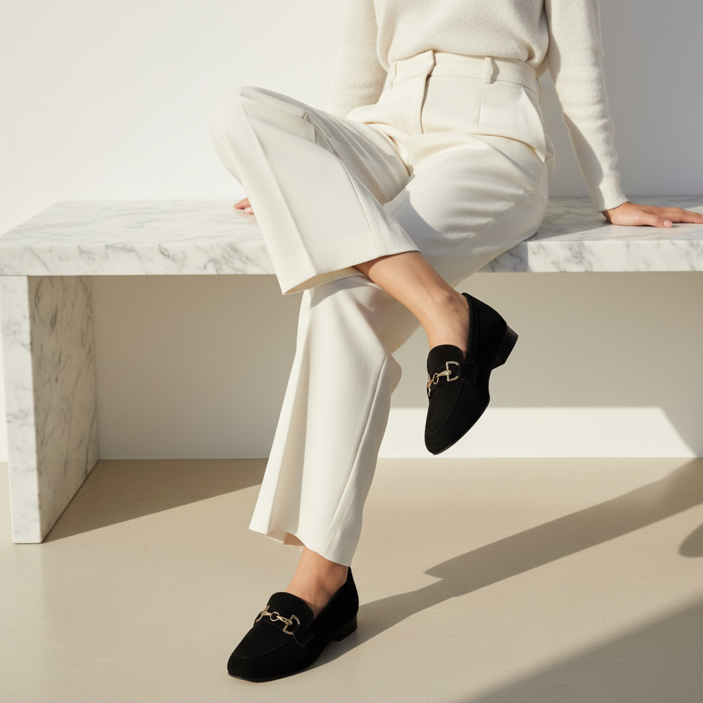 Person wearing white pants and black loafers sitting on a marble bench.