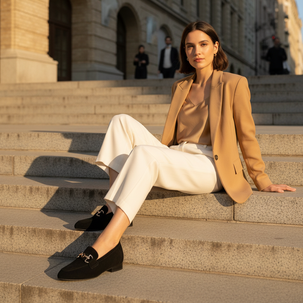 Woman in a beige blazer and white pants sitting on stone steps outdoors.