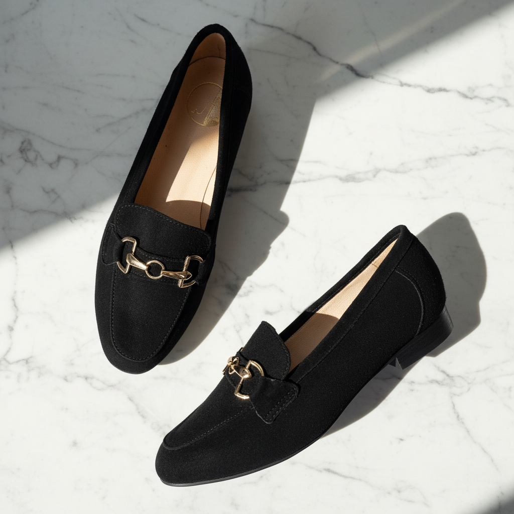 Black loafers with gold buckles on a marble surface