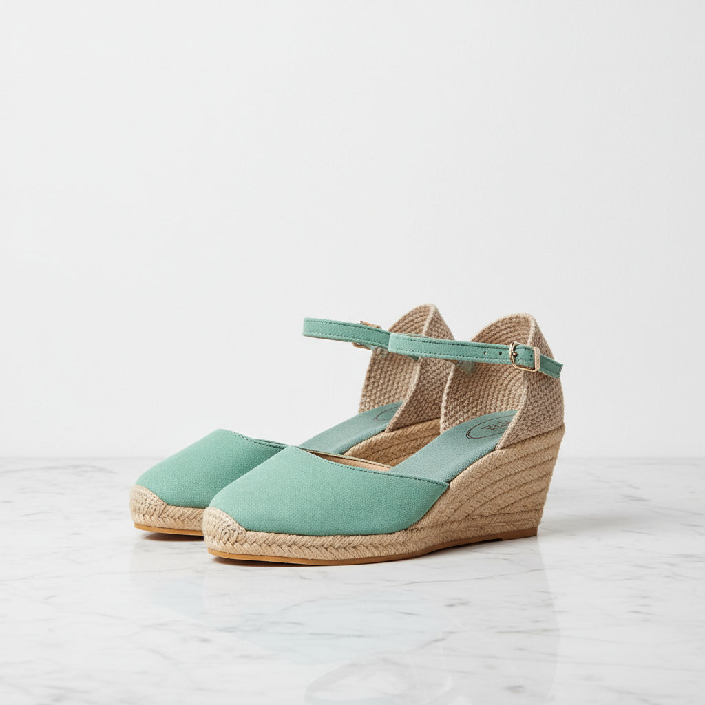 Pair of mint suede MARIGOLD espadrilles featuring jute wedge and adjustable ankle strap for petite feet.