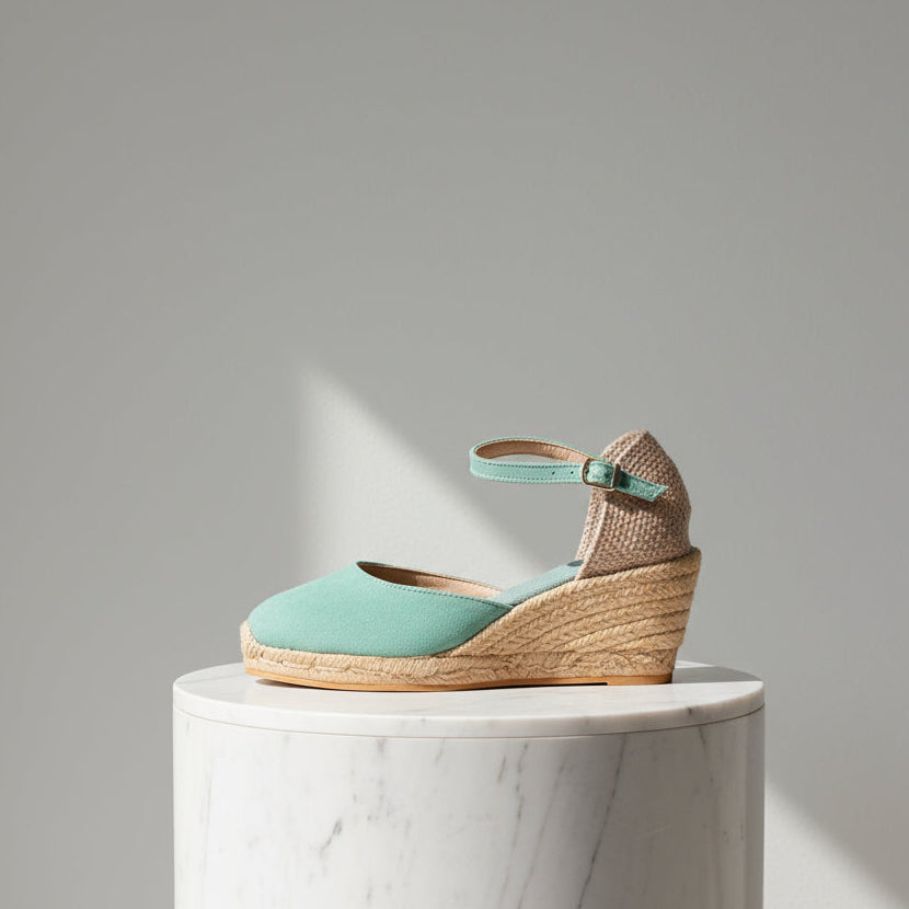 Mint suede MARIGOLD espadrille with jute wedge heel and matching ankle strap for petite sizing.